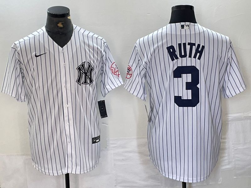 Men New York Yankees 3 Ruth White Stripe Second generation joint name Nike 2024 MLB Jersey style 1